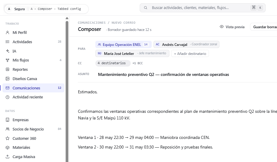 Composer de correo con destinatarios, asunto y cuerpo redactado